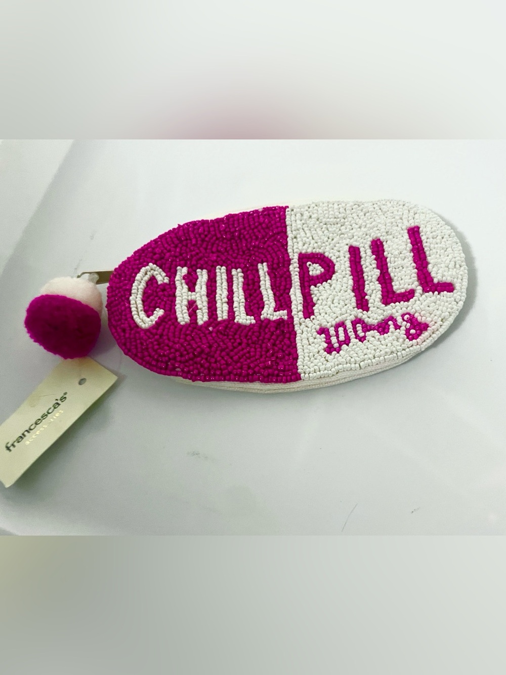 Francesca's Collections Pink & White Chill Pill' Beaded Zip Pouch Coin bag Pouch